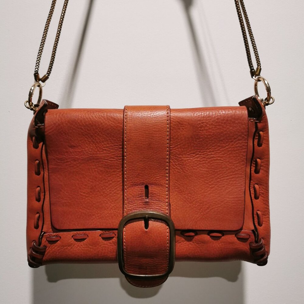 Cognac/Antique Gold with Whipstitch Accents Vintage Shoulder Bag EUC #262